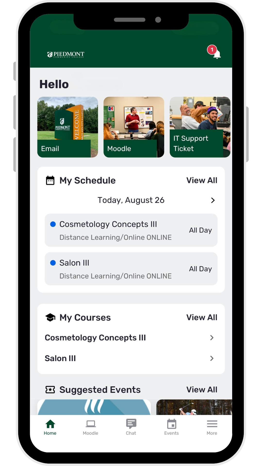 Piedmont Community College mobile app home screen